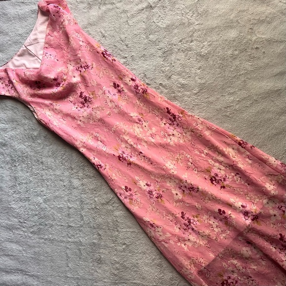 Vintage 90s Y2K Midi Ruffle Hem Cowl Neck Crinkle Chiffon Floral Slip Dress Pink - Picture 1 of 11